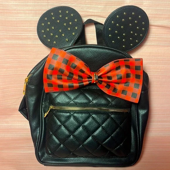Olivia Miller Black Mini Backpack with Red Bow and Studded Ears Olivia Miller Black Backpack with Red Plaid Bow and ears  main image 2